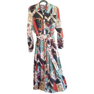 Eien Pleated Geometric Print Collar Midi dress